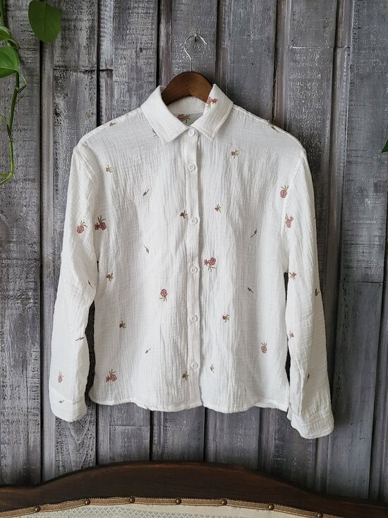 No Brand Tops - Embroidered White Double Gauze Cotton Button Down Shirt